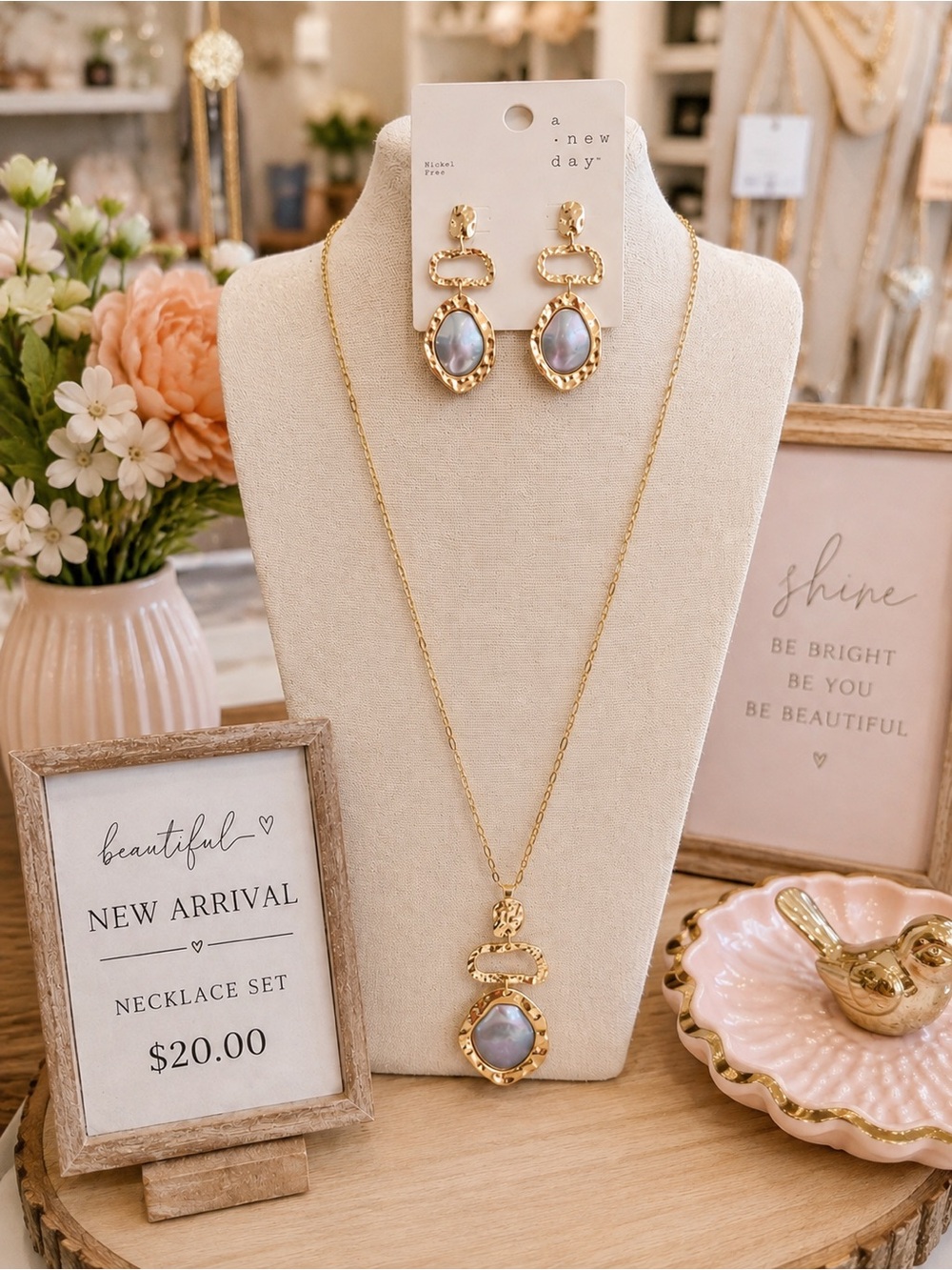 a new day Gold Necklace and Earrings Set with Gray-Blue Stones